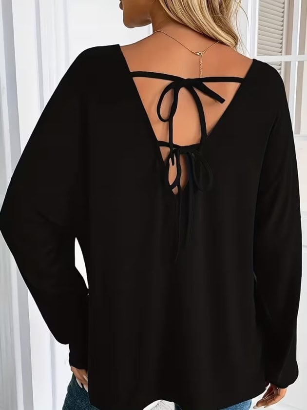 Women's Long-Sleeved V-Neck Batwing Sleeve Back Lace-Up Viscose Blouse - Janes - by Peralane