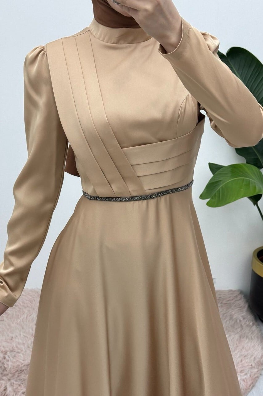 Beaded Belt Satin Evening Dress with Draped Front - Champagne - Podyumplus - by Peralane - photo 4