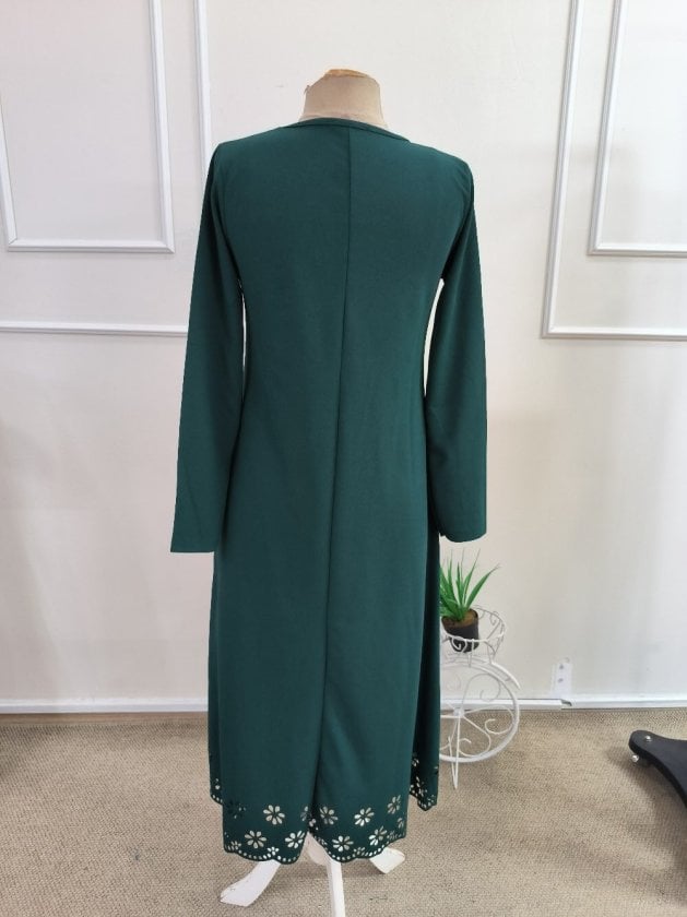Women's Long-Sleeved Round Neck Floral Laser-Cut Detail Imported Crepe Midi Dress in Dark Green - Janes - by Peralane - photo 5