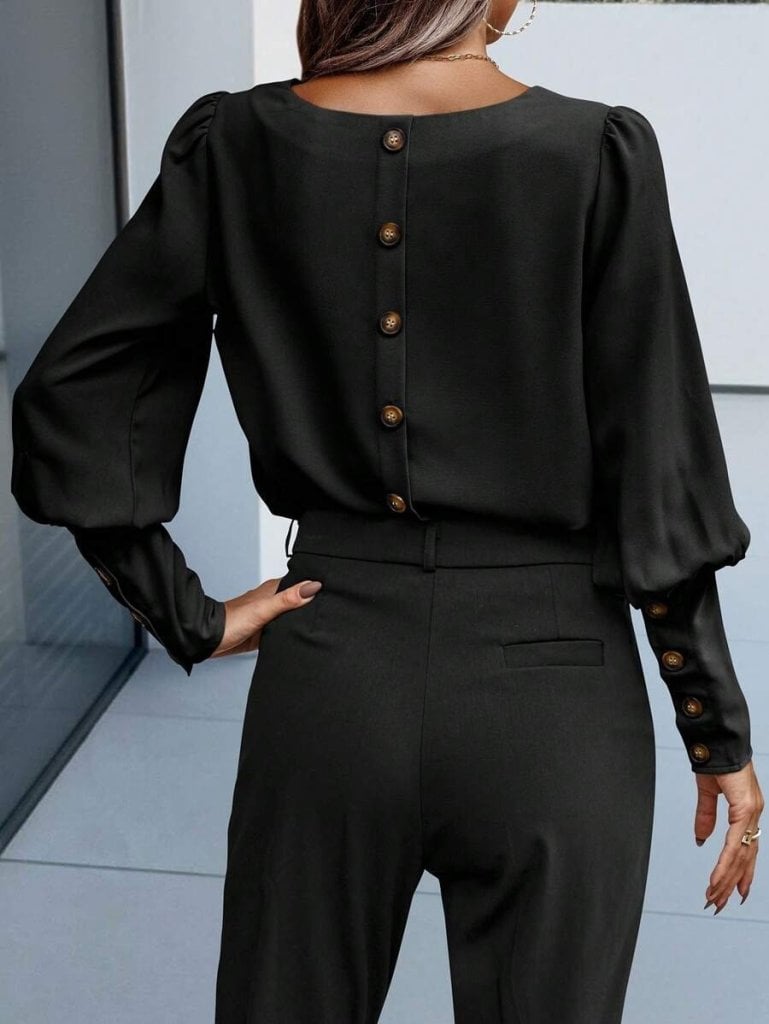 Women's Black Long-Sleeved Round Neck Crepe Blouse with Buttons - Janes - by Peralane - photo 3