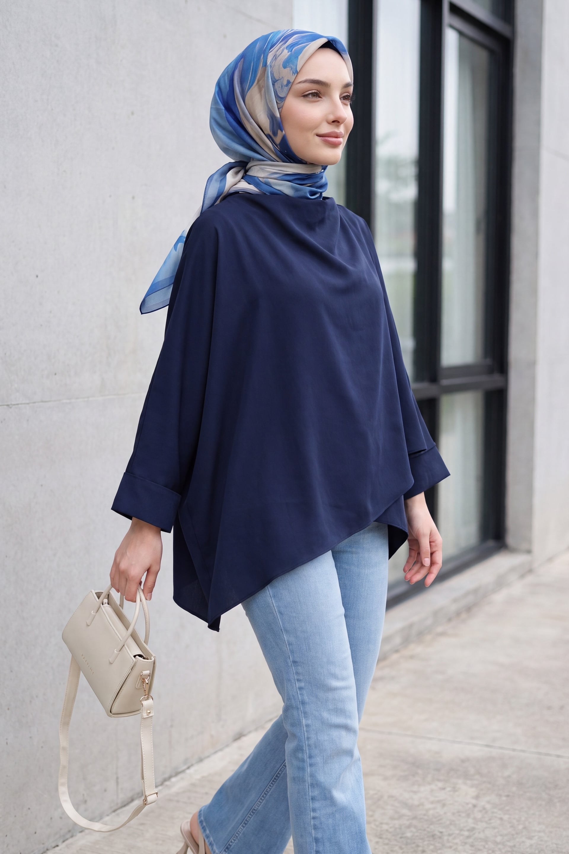 Navy Blue Shoulder Button Batwing Sleeve Modal Kimono Poncho - Podyumplus - by Peralane - photo 2
