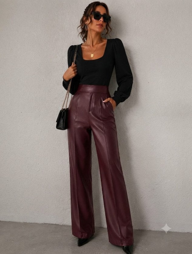 Women's High-Waist Faux Leather Wide-Leg Trousers with Pockets - Janes - by Peralane - photo 3