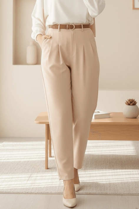 Pleated High-Waist Ankle Trousers with Pockets and Belt - Beige - Podyumplus - by Peralane