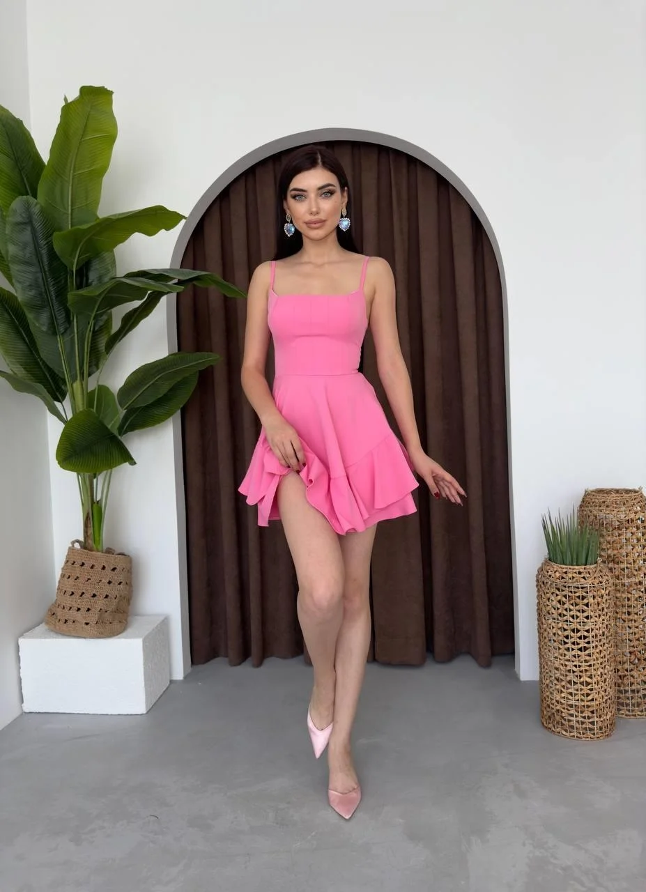 Women's Pink Poplin Sleeveless Tiered Dress with Spaghetti Straps - Etika - by Peralane - photo 4