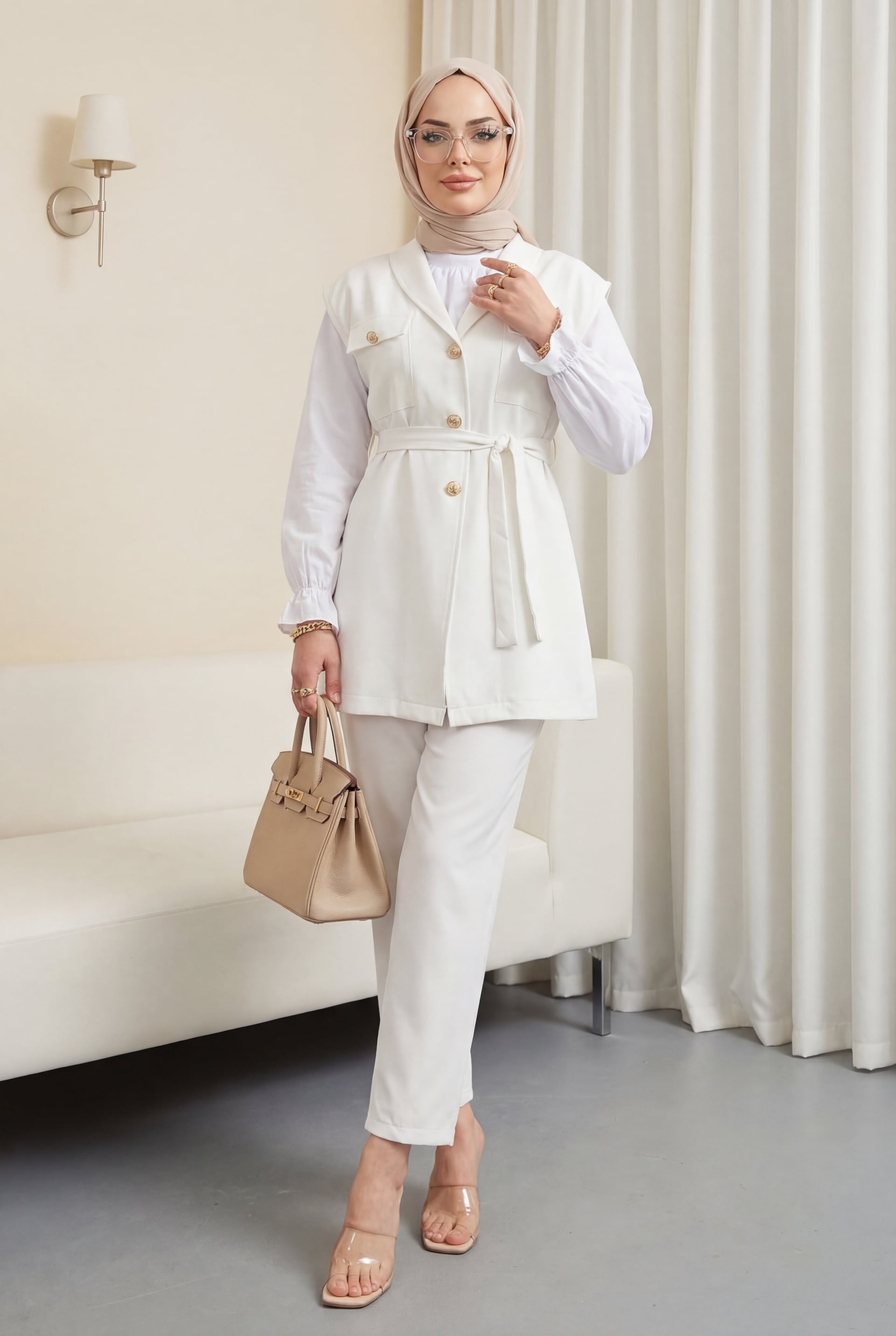 Ecru Three-Piece Set with Long-Sleeved Blouse, Vest and Trousers - Podyumplus - by Peralane - photo 4