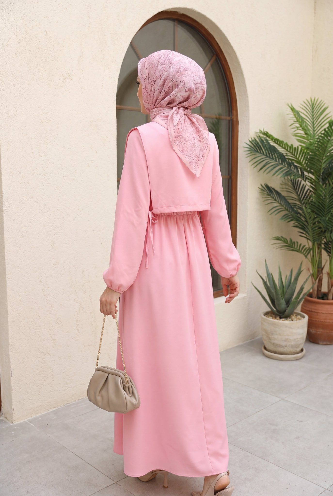 Pink Long-Sleeve Modest Dress with Shirt Detail and Layered Overlay - Podyumplus - by Peralane