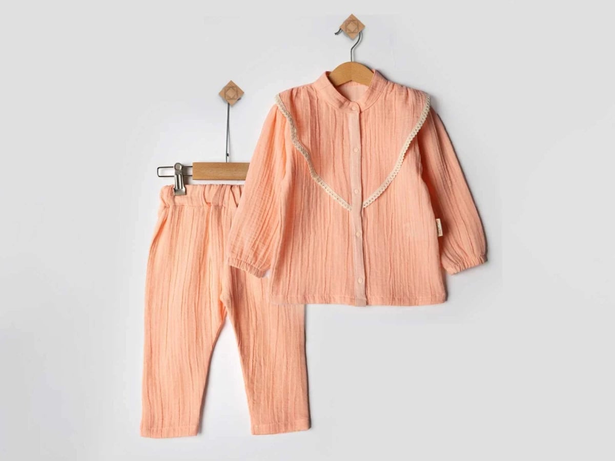 Girls' Baby Pyjama Set with Lace Trim - Peach - Beyaz Bebek - by Peralane