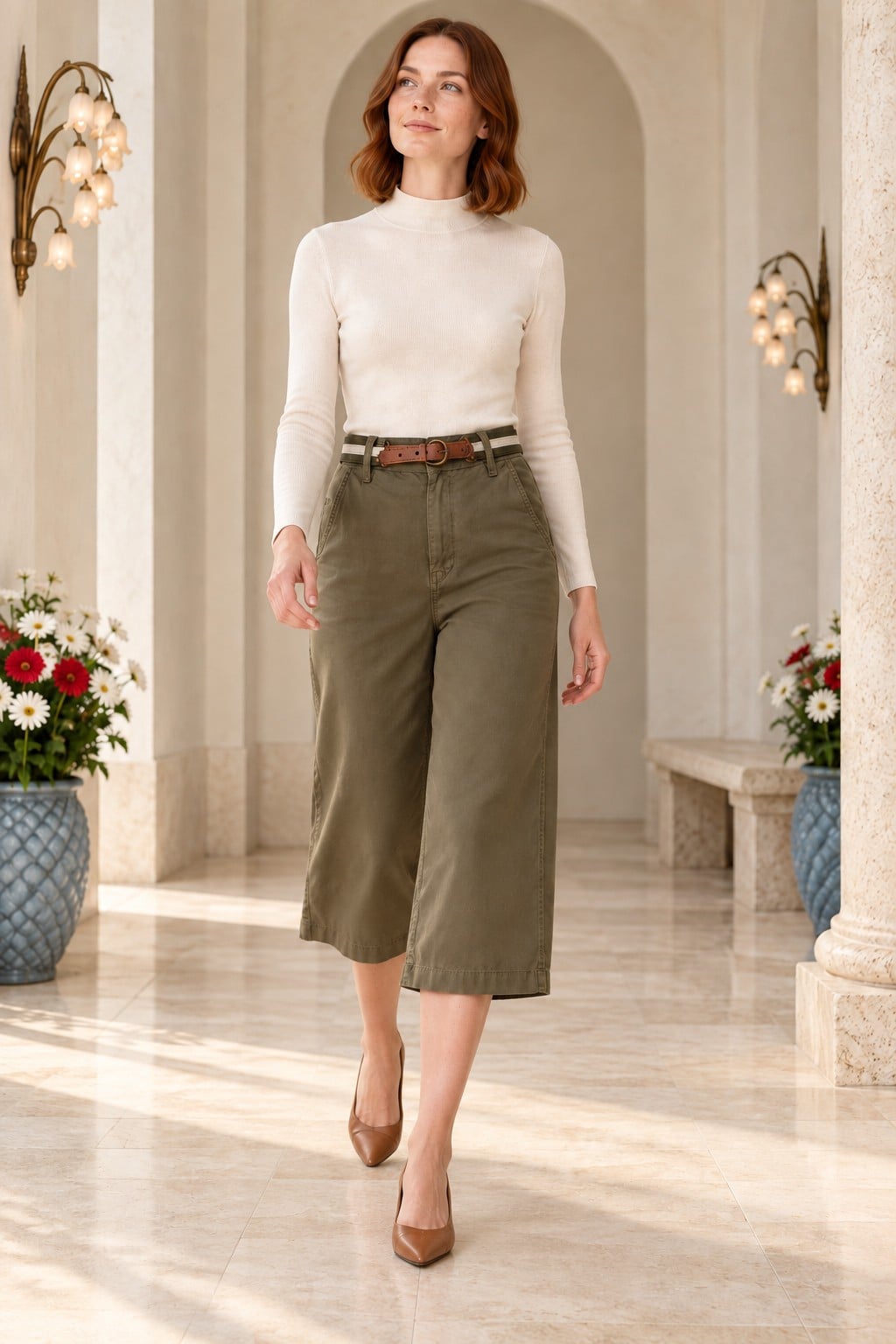 High-Waist Wide-Leg Cropped Trousers with Belt Loops in Olive Green - Xlove - by Peralane - photo 6