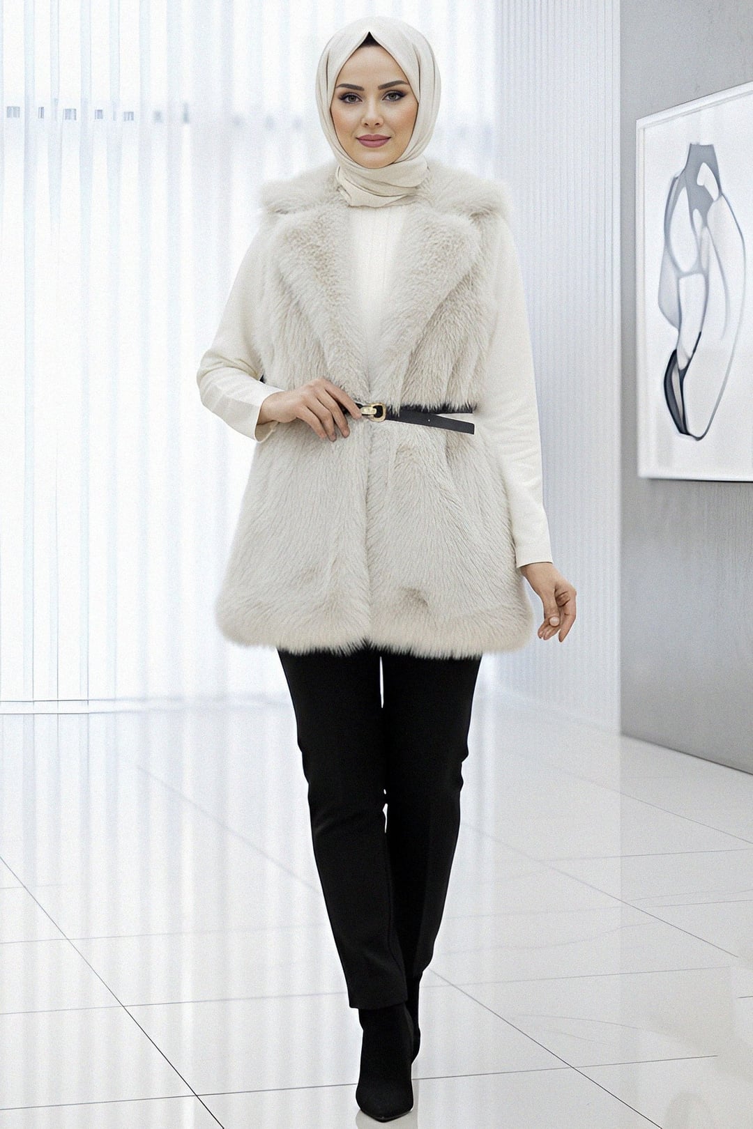 Belted Buttoned Faux Fur Lined Vest - Cream - Podyumplus - by Peralane
