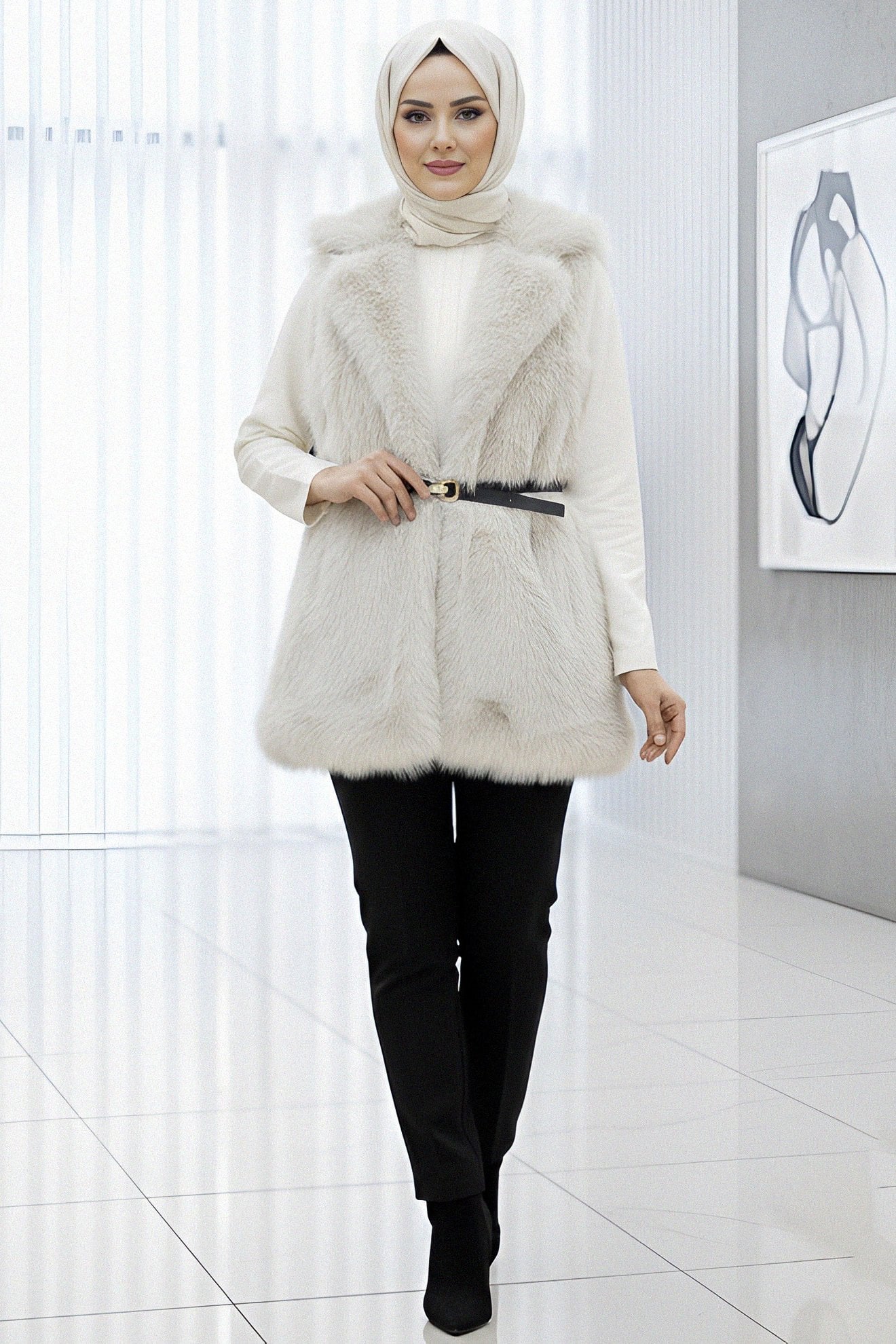 Belted Buttoned Faux Fur Lined Vest - Cream - Podyumplus - by Peralane