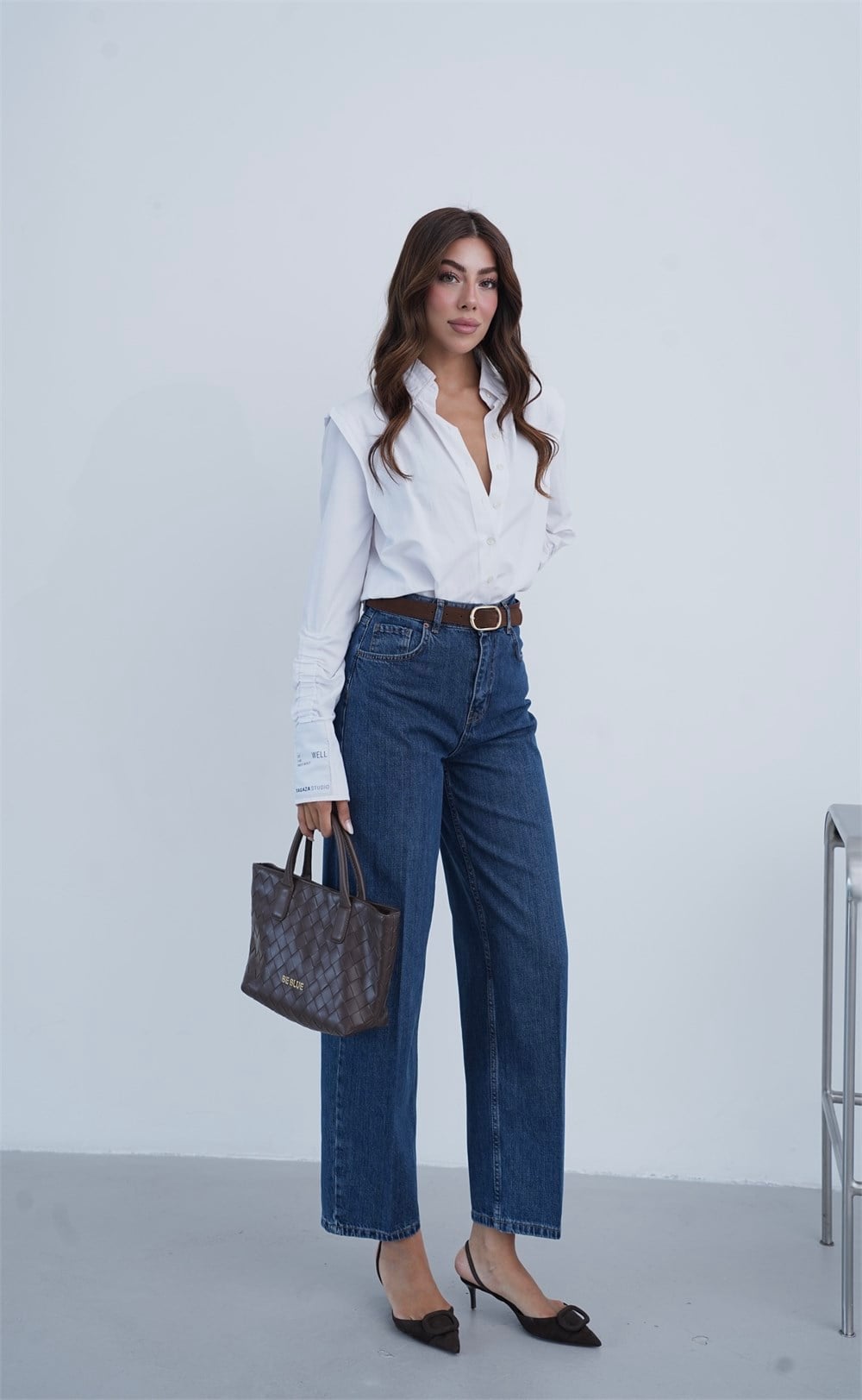 High Waist Belt Detail Balloon Fit Dark Blue Denim Jeans - Lacarino Jeans - by Peralane - photo 2