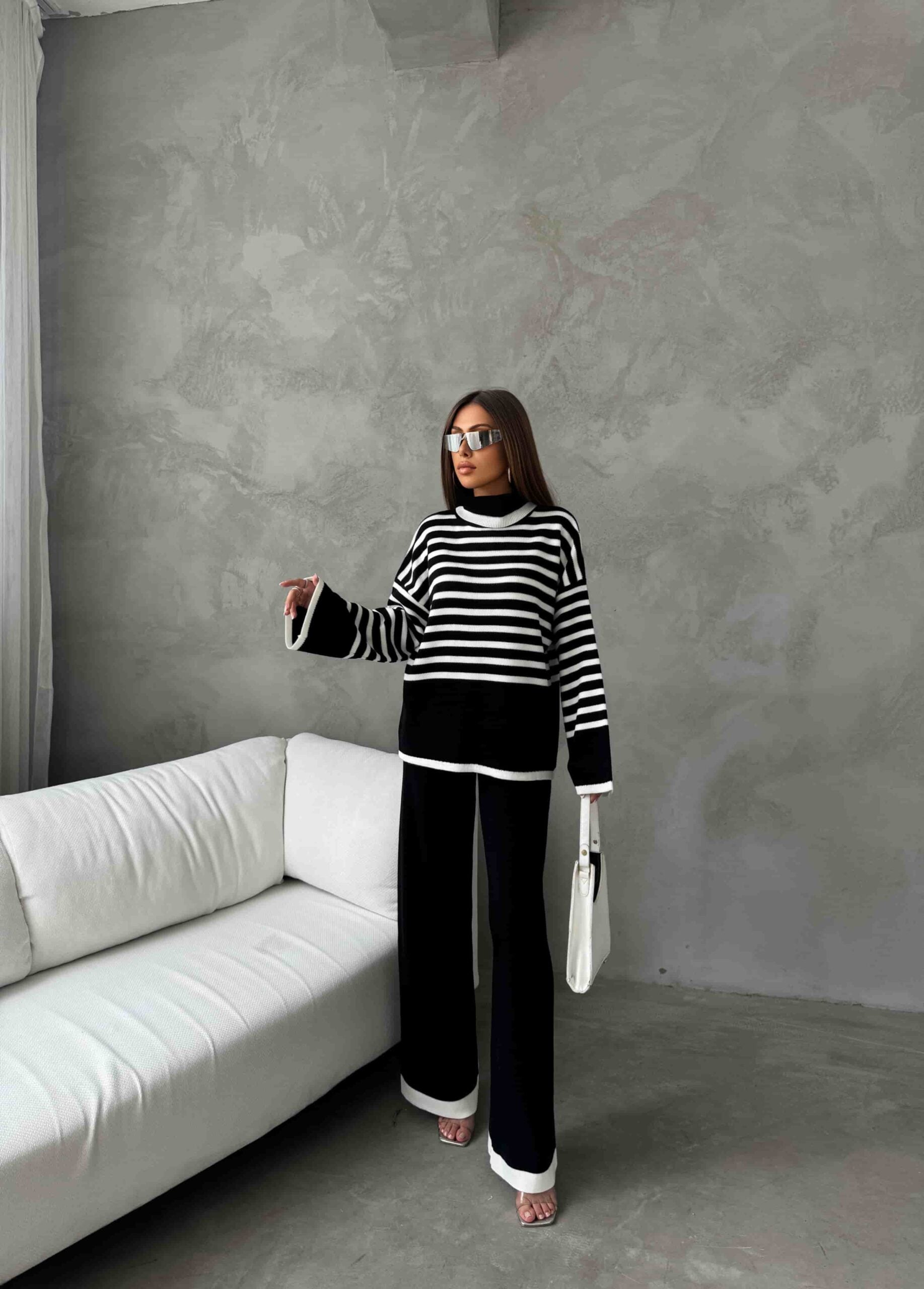 Black and White Striped Knit Sweater and Trousers Lounge Set - My Bee - by Peralane