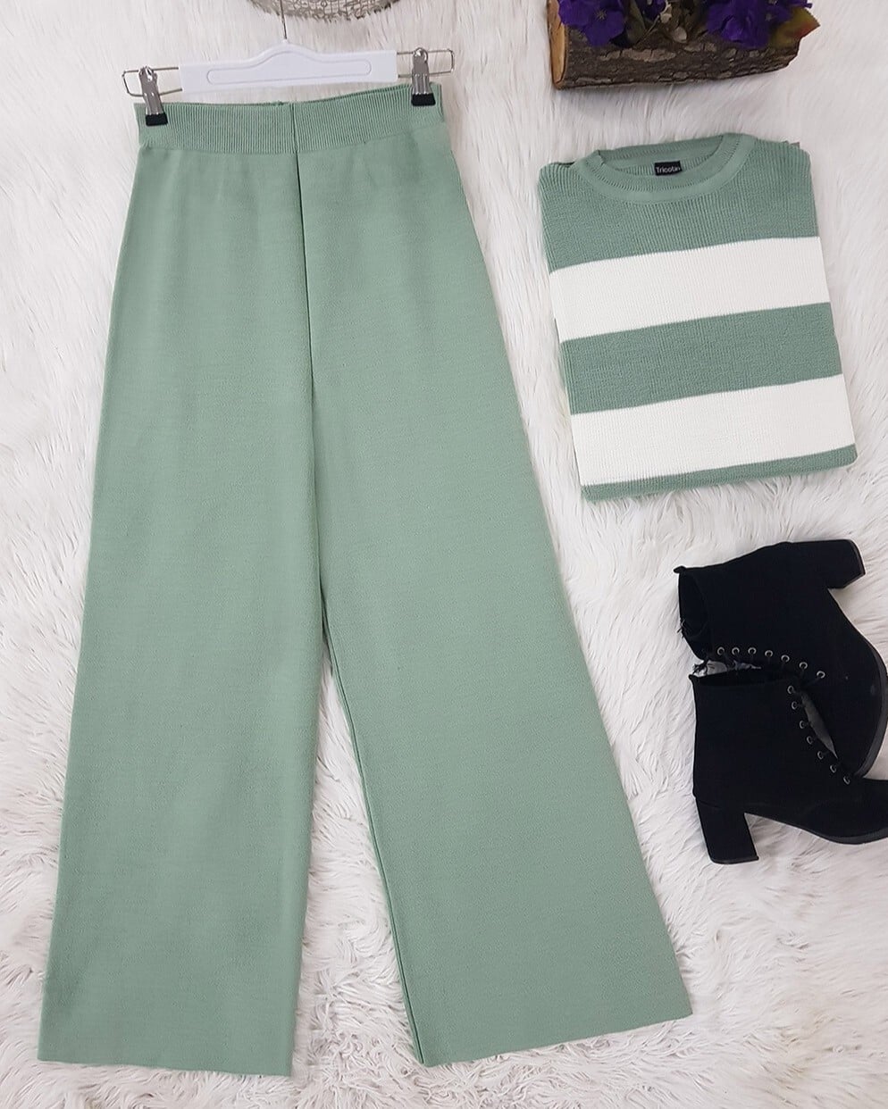 Sage Green Wide-Leg Knit Lounge Trousers - Podyumplus - by Peralane - photo 4
