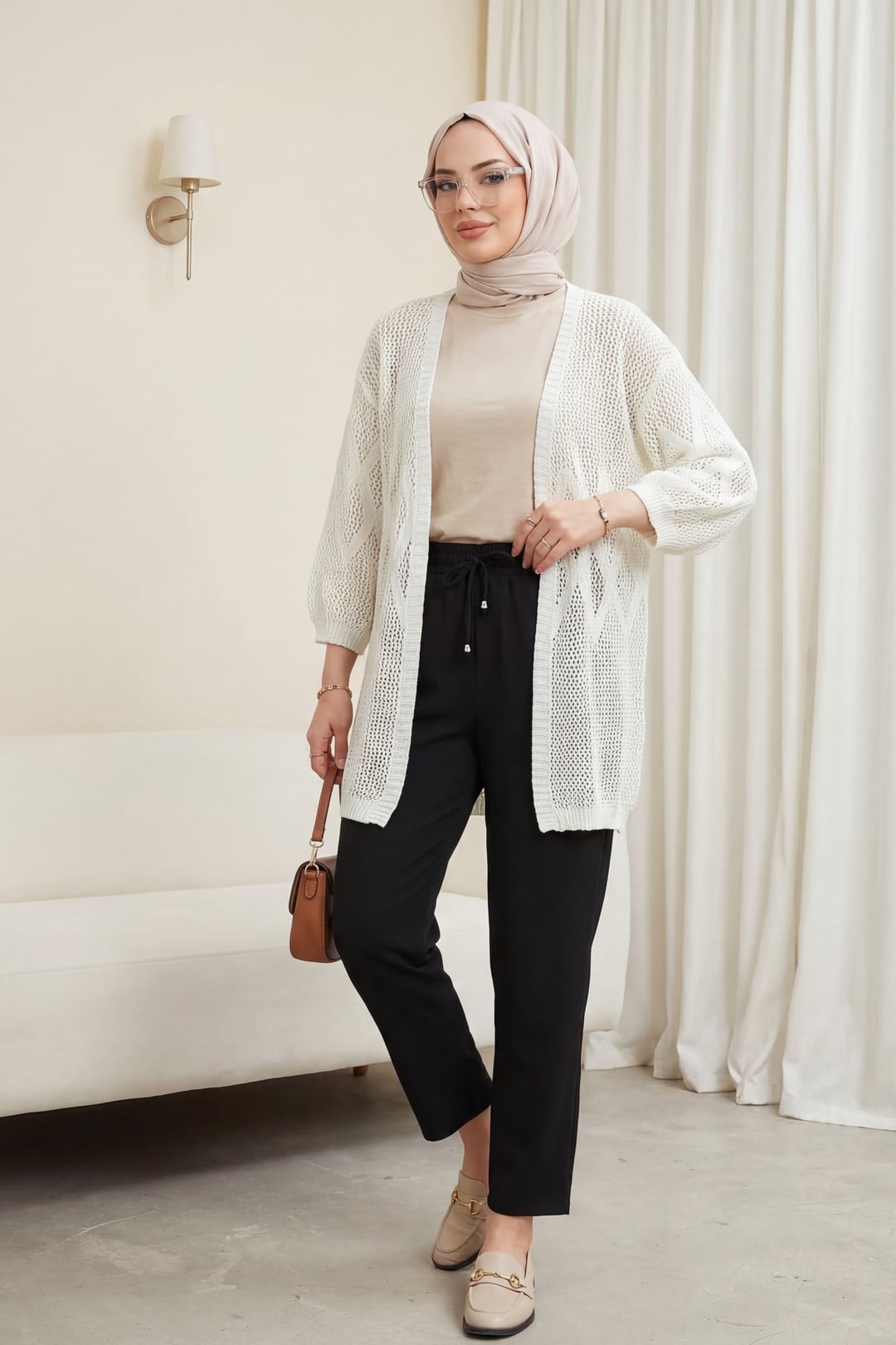 Baklava Patterned Openwork Knit Cardigan - White - Podyumplus - by Peralane - photo 2