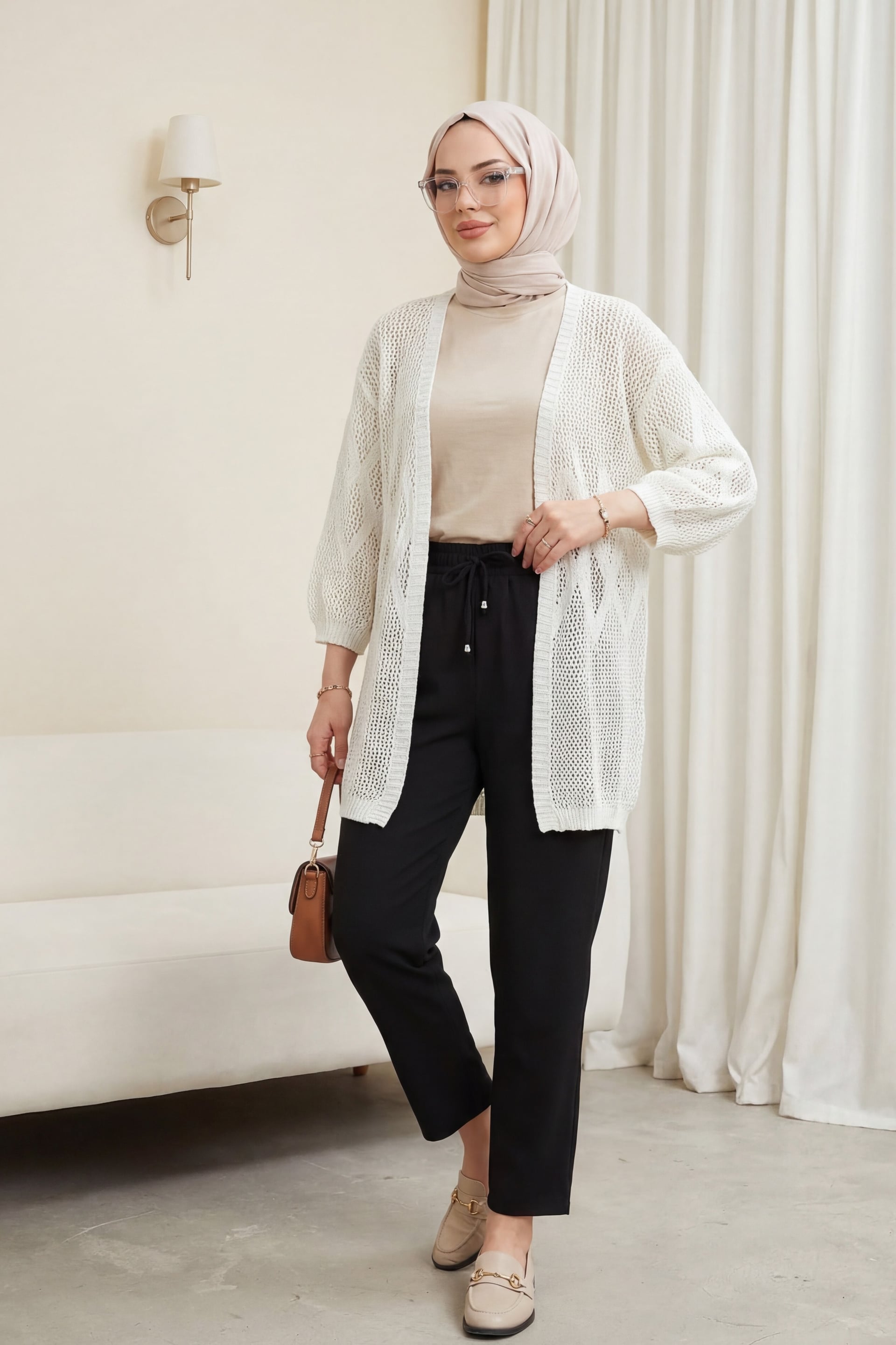 Baklava Patterned Openwork Knit Cardigan - White - Podyumplus - by Peralane - photo 2