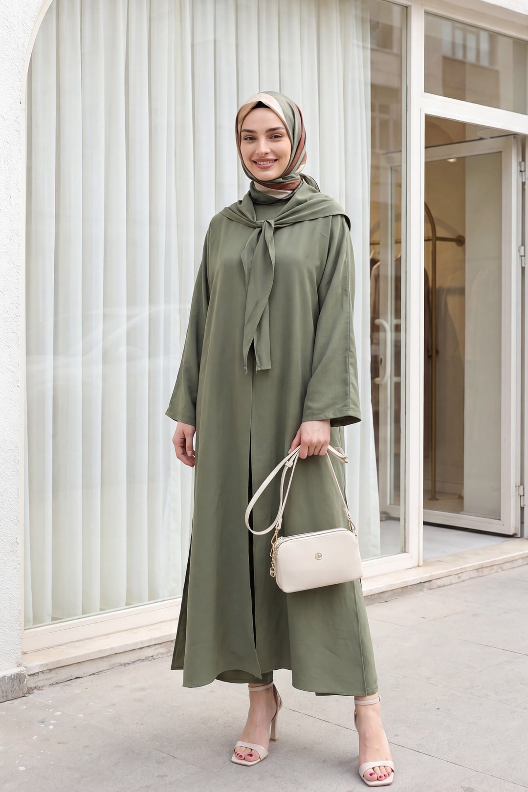 Modal Set with Scarf Detail, Deep Slit Pants and Pockets - Khaki - Podyumplus - by Peralane