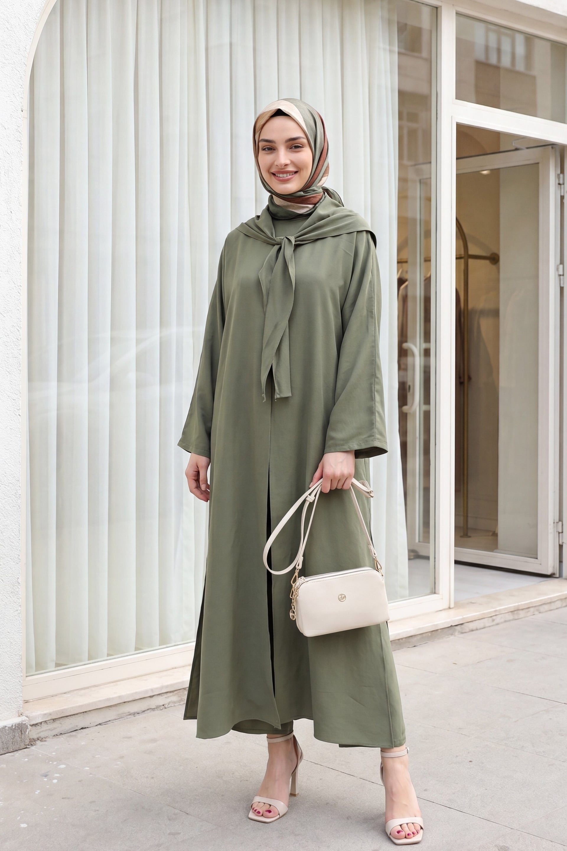 Modal Set with Scarf Detail, Deep Slit Pants and Pockets - Khaki - Podyumplus - by Peralane