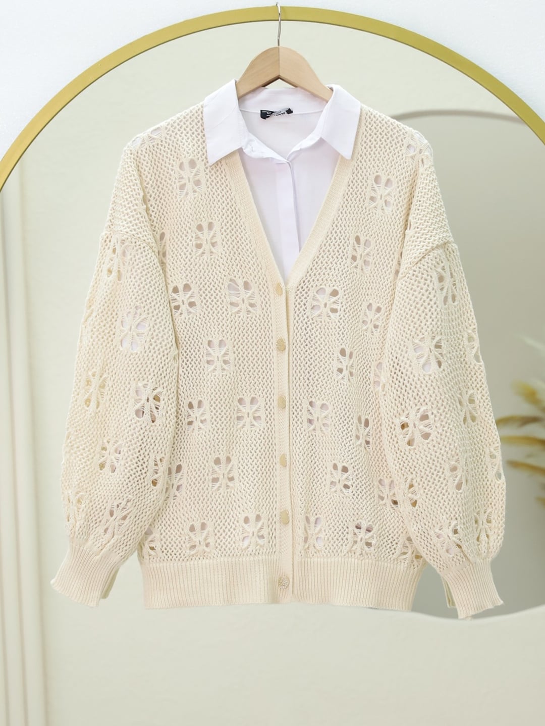 Cream Buttoned Openwork Midi Knit Cardigan - Podyumplus - by Peralane - photo 2