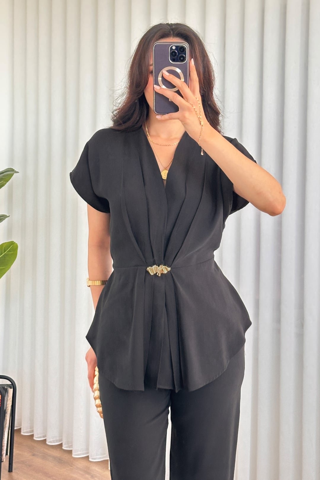 Black Modal Wide-Leg Trouser and Draped Blouse Co-ord Set - Lustri̇n - by Peralane - photo 3