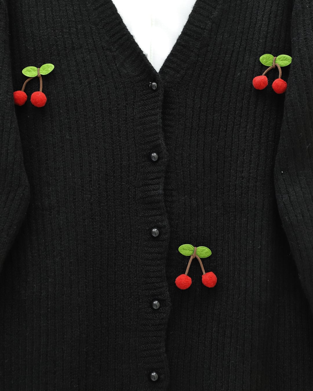 Black Ribbed Knit Cardigan with Cherry Embroidered Buttons - Podyumplus - by Peralane - photo 3
