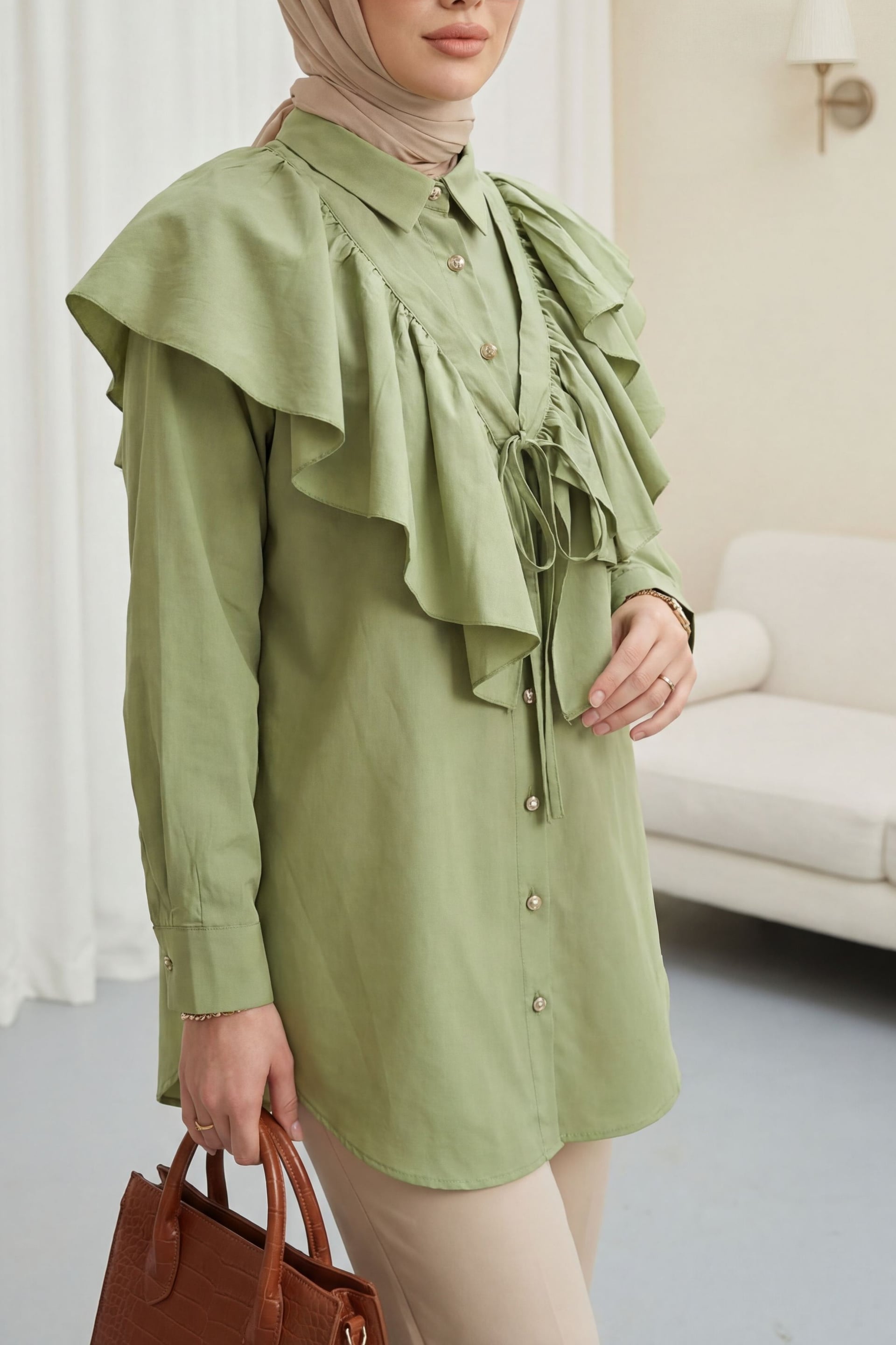 Cape Detail Buttoned Oval Cut Poplin Tunic - Olive Green and Black Set - Podyumplus - by Peralane - photo 4