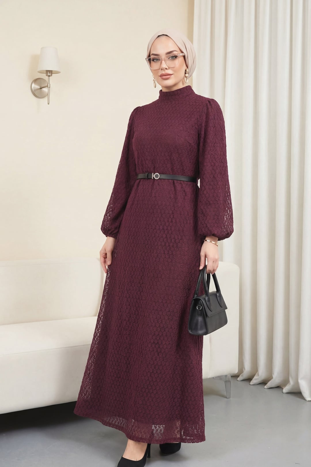 Burgundy High Neck Balloon Sleeve Belted Lined Lace Dress - Podyumplus - by Peralane