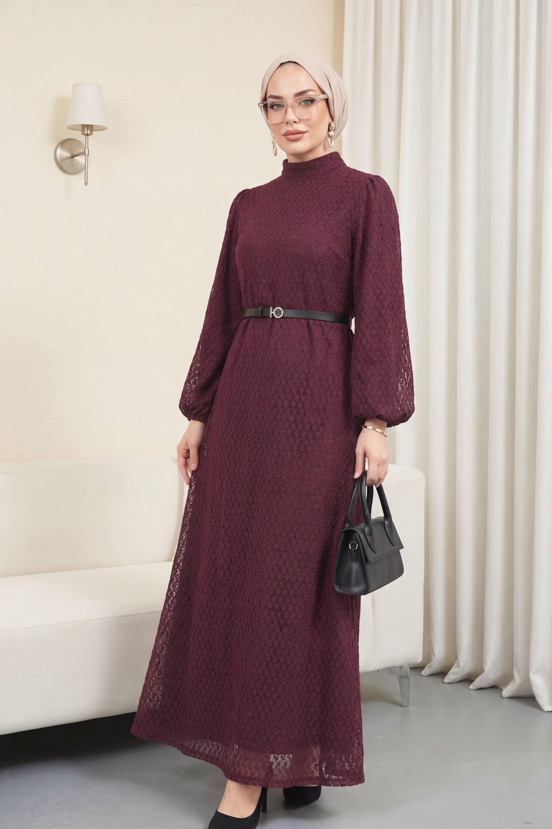 Burgundy High Neck Balloon Sleeve Belted Lined Lace Dress - Podyumplus - by Peralane