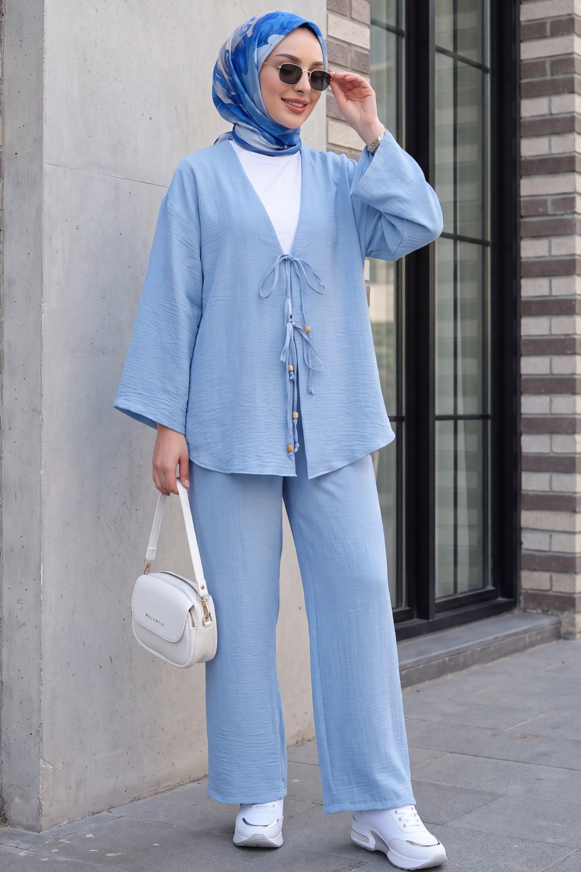 Women's Two-Piece Kimono Set with Tie-Front Top and Wide-Leg Trousers in Ice Blue - Podyumplus - by Peralane