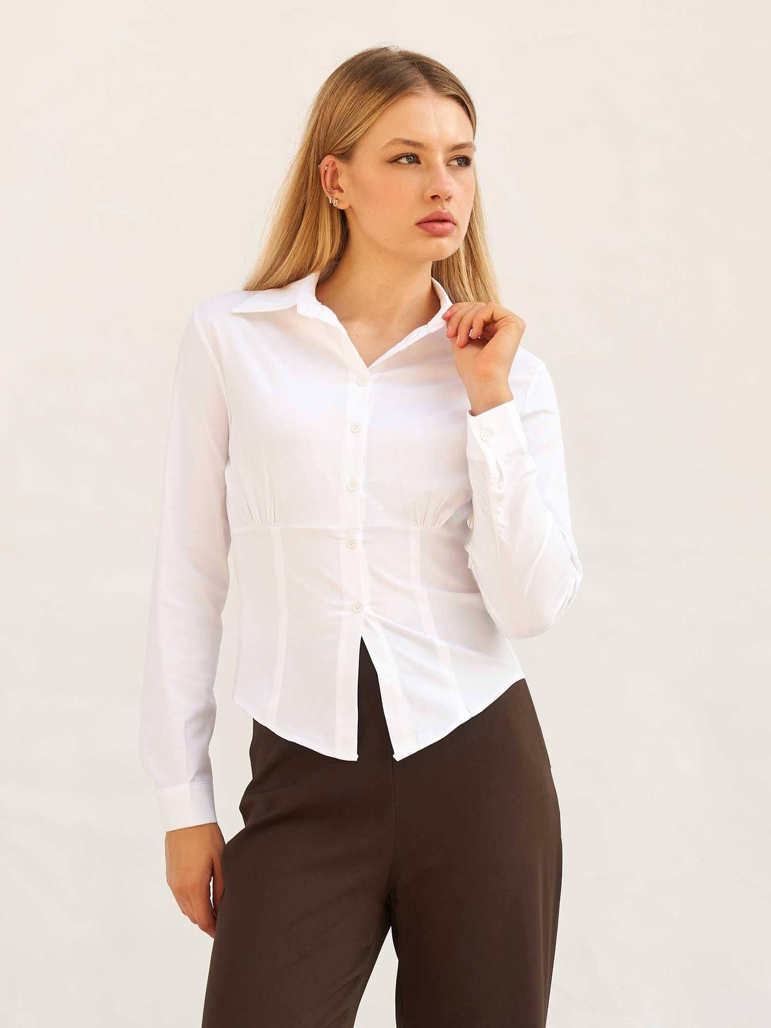 White Poplin Blouse with Corsage Detail and Long Sleeves - Lefon - by Peralane - photo 2