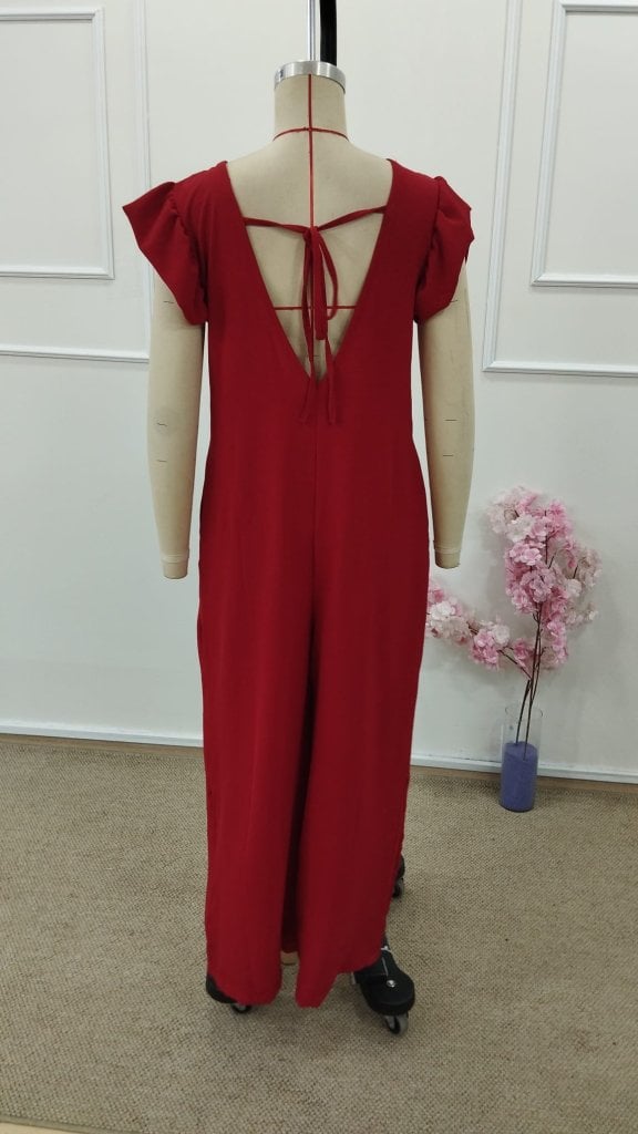 Women's Short Sleeve V-Neck Deep Lace-Up Back Long Aerobin Jumpsuit - Janes - by Peralane - photo 6