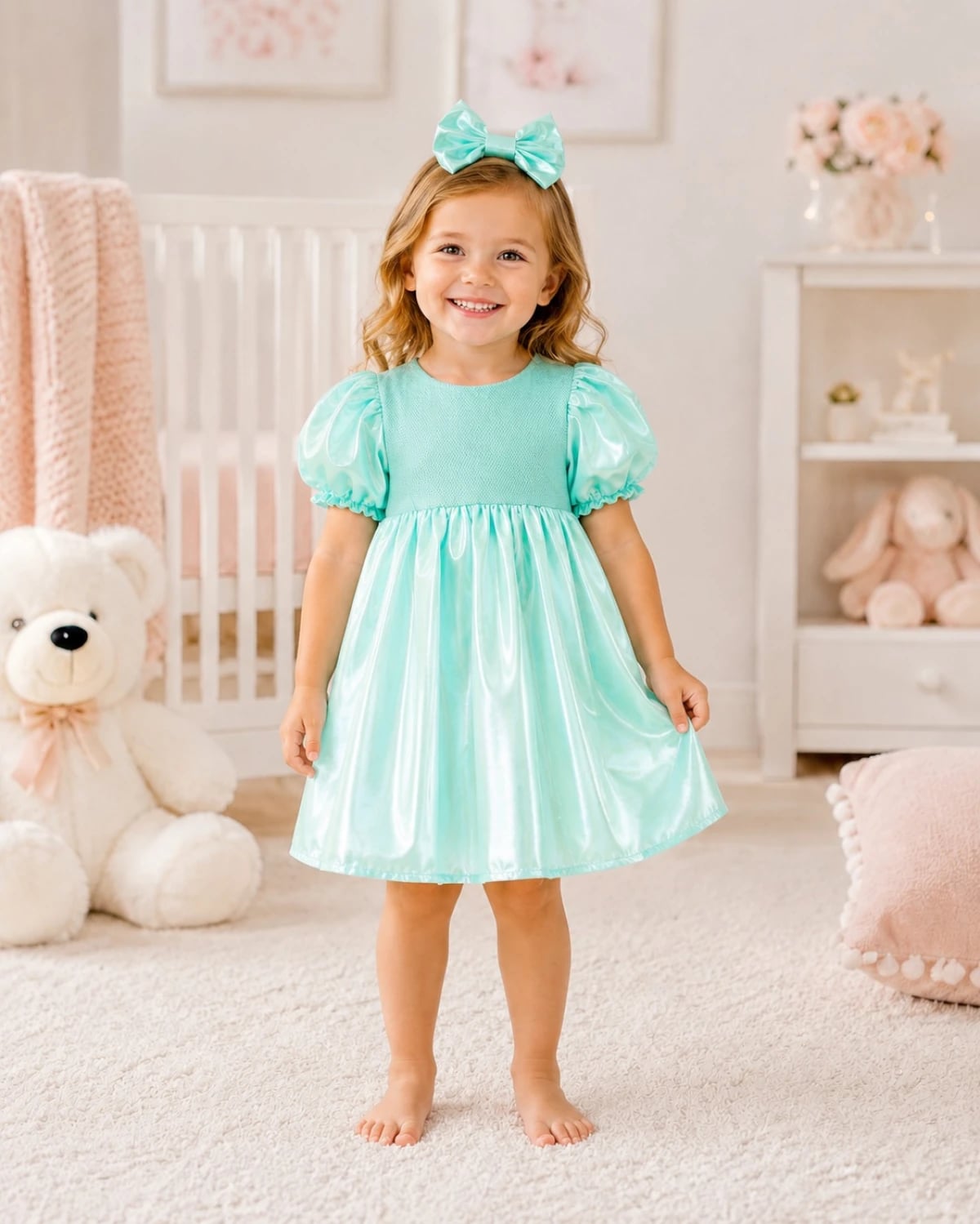 Girls' Dress 1104 - Light Aqua with Matching Hair Bow - Has Bereket - by Peralane