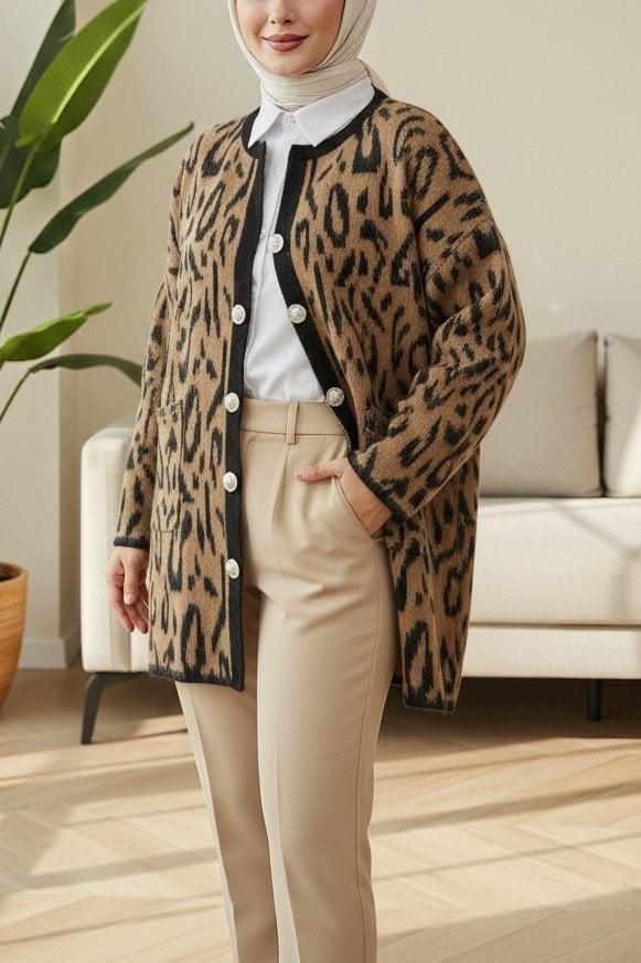Brushed Leopard Print Soft Knit Cardigan - Mink - Podyumplus - by Peralane - photo 2