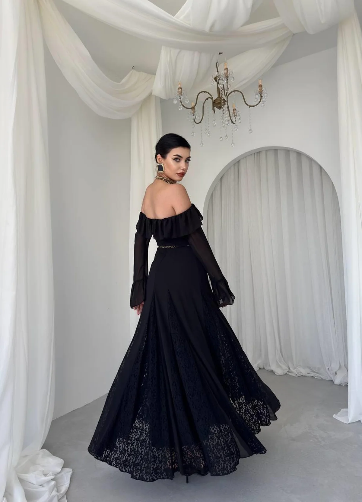 Ester Off-Shoulder Dress with Sheer Bell Sleeves and Gold Chain Belt - Etika - by Peralane - photo 6