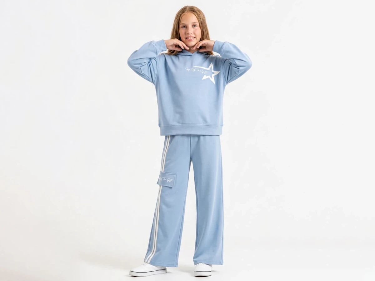 Girls' Hooded Sweatshirt and Wide-Leg Trousers Set with Star Print - Light Blue - ÖZ Bebe - by Peralane