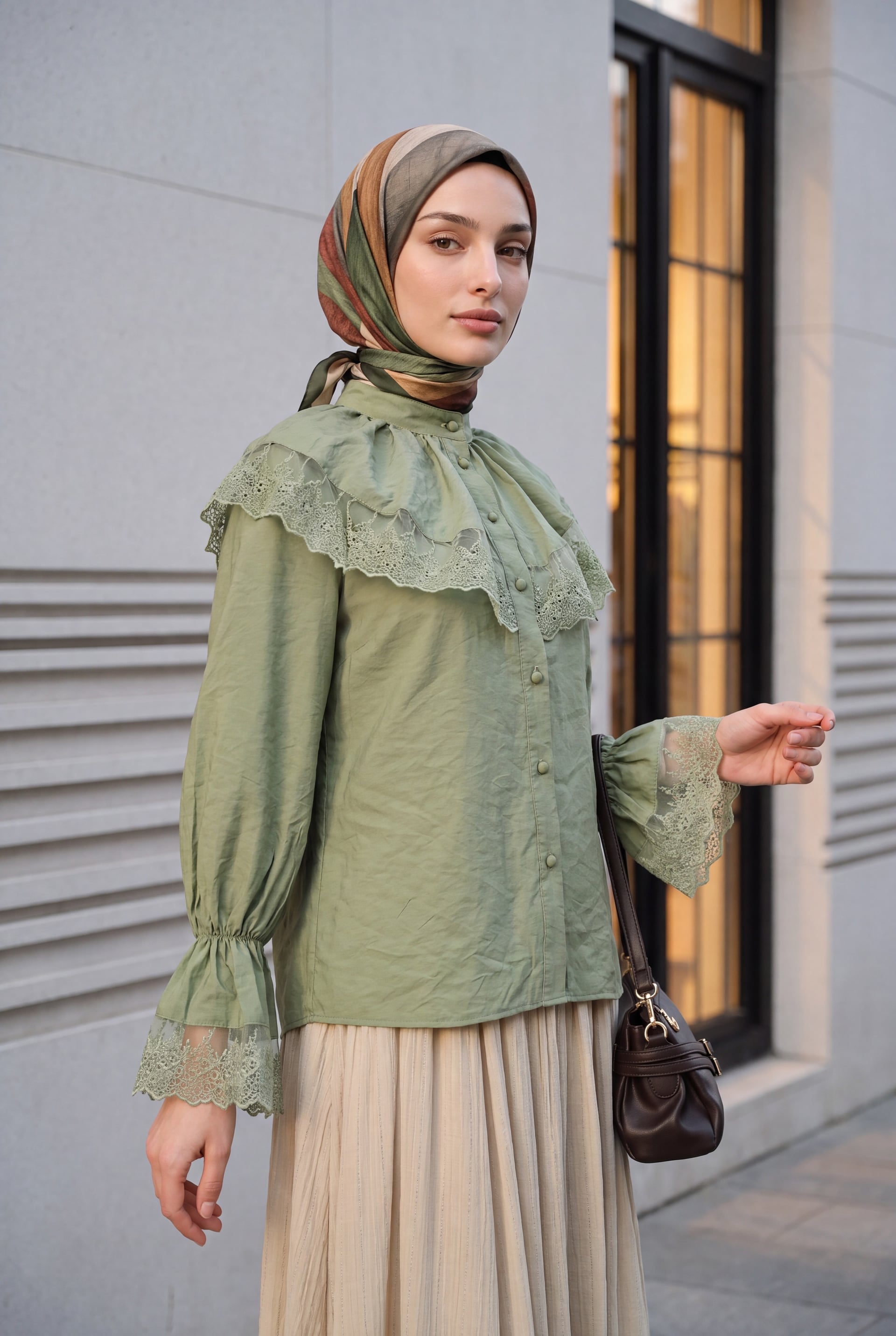 High Neck Long Sleeve Lace Detail Buttoned Modal Blouse in Sage Green - Podyumplus - by Peralane