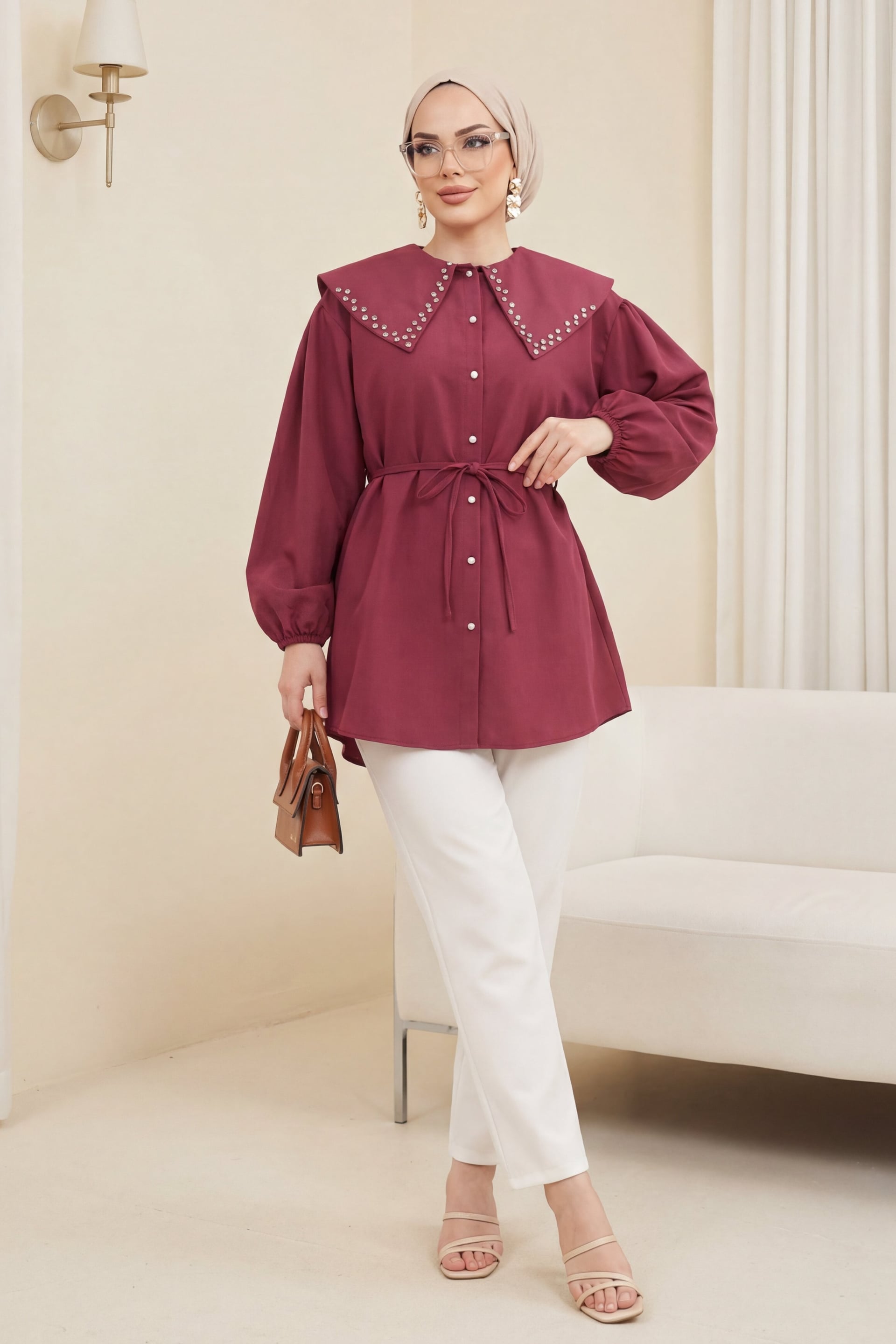 Wide Collar Rhinestone Trim Long Sleeve Button Front Tie Waist Blouse - Burgundy - Podyumplus - by Peralane - photo 2