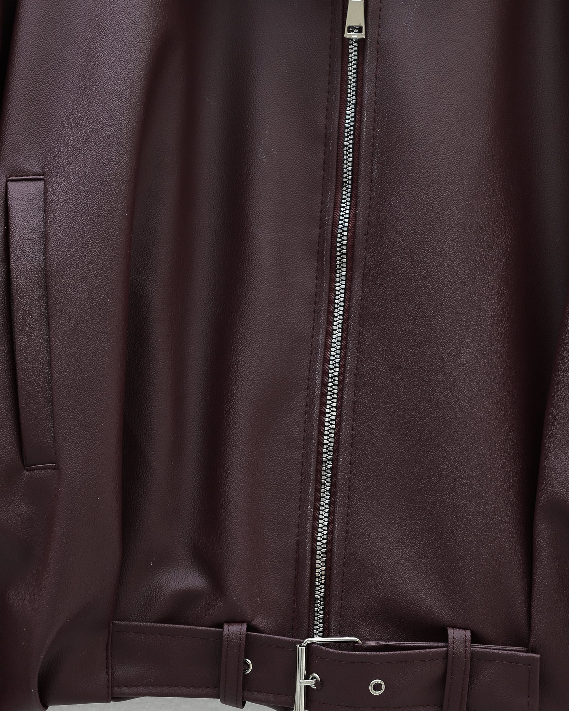Women's Burgundy Faux Leather Belted Jacket with Quilted Waist - Podyumplus - by Peralane - photo 2