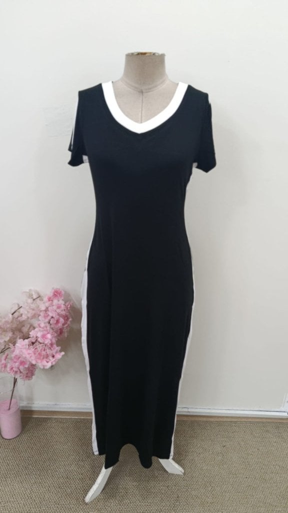 Women's Black V-Neck Short Sleeve Side Stripe Viscose Long Dress - Janes - by Peralane - photo 6