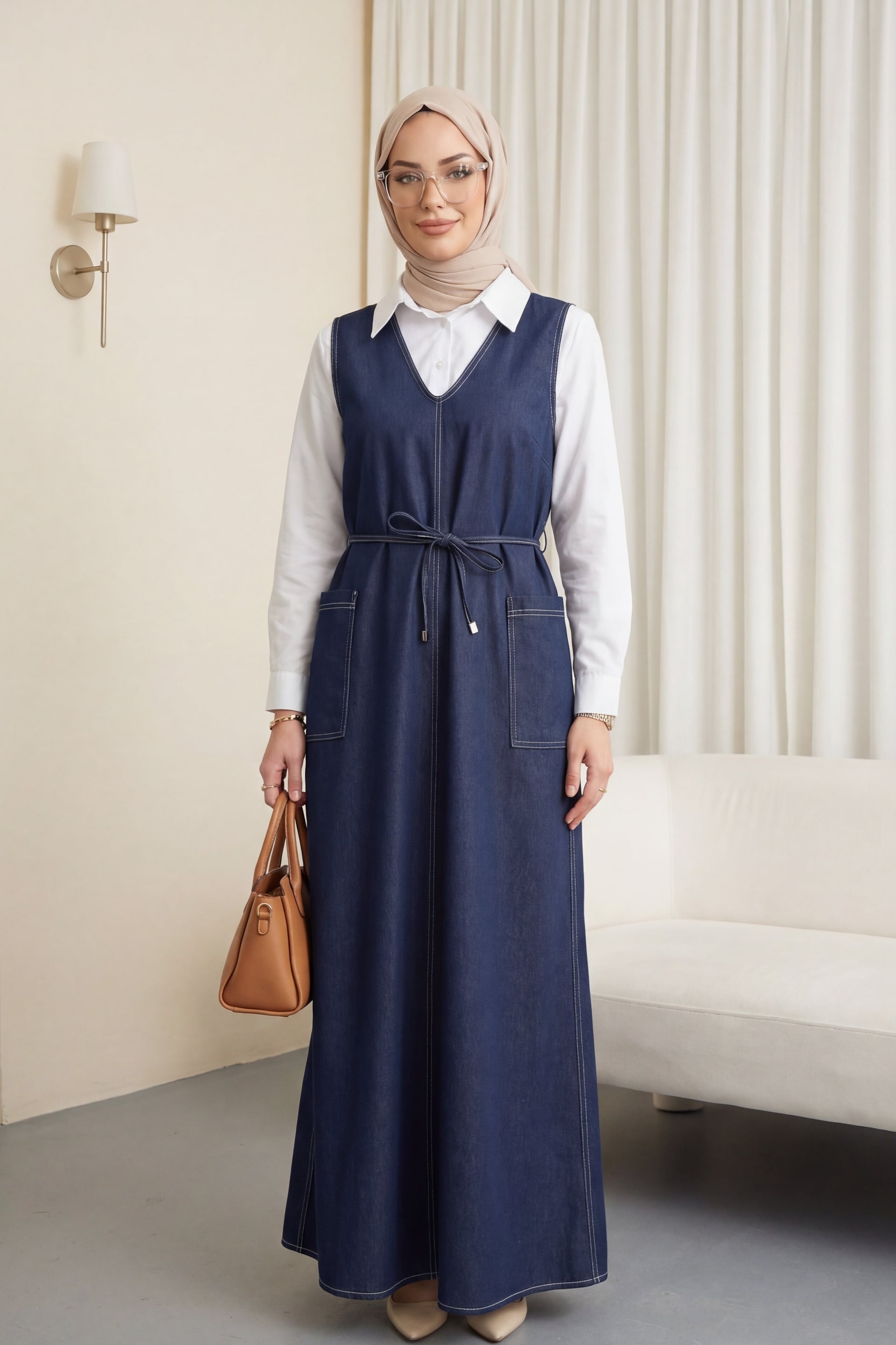 Side Pocket V-Neck Tie Waist Denim Dress - Dark Navy - Podyumplus - by Peralane