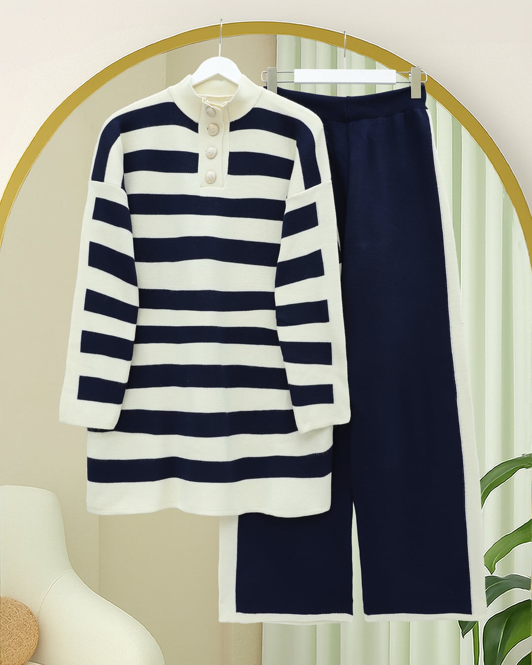 Half Turtleneck Buttoned Thick Striped Knit Lounge Set - Navy Blue - Podyumplus - by Peralane - photo 2