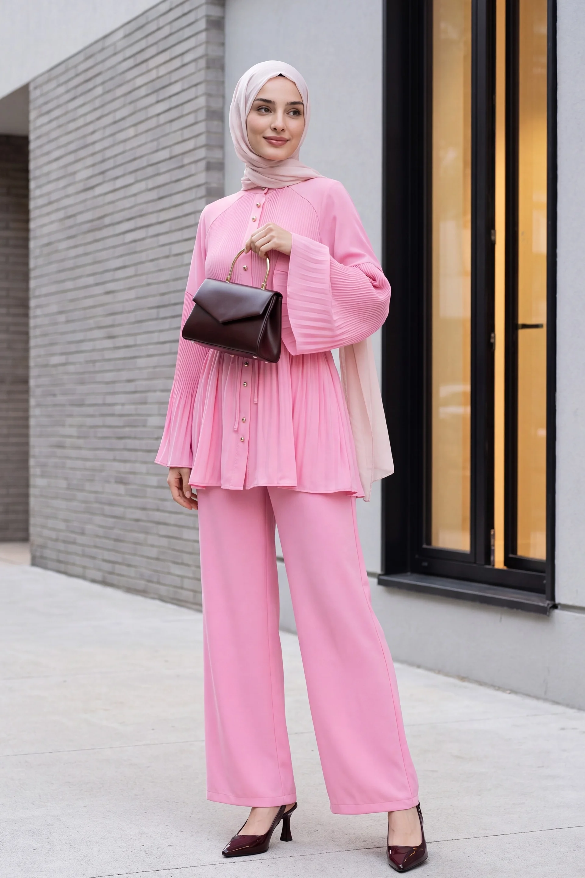 Pleated Mandarin Collar Buttoned Crepe Two-Piece Set - Pink - Podyumplus - by Peralane - photo 5