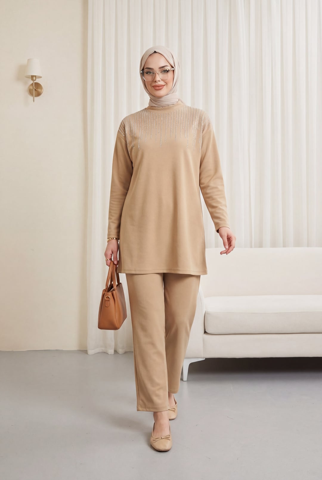 High Neck Rhinestone Embellished Tunic and Trousers Set - Beige - Podyumplus - by Peralane