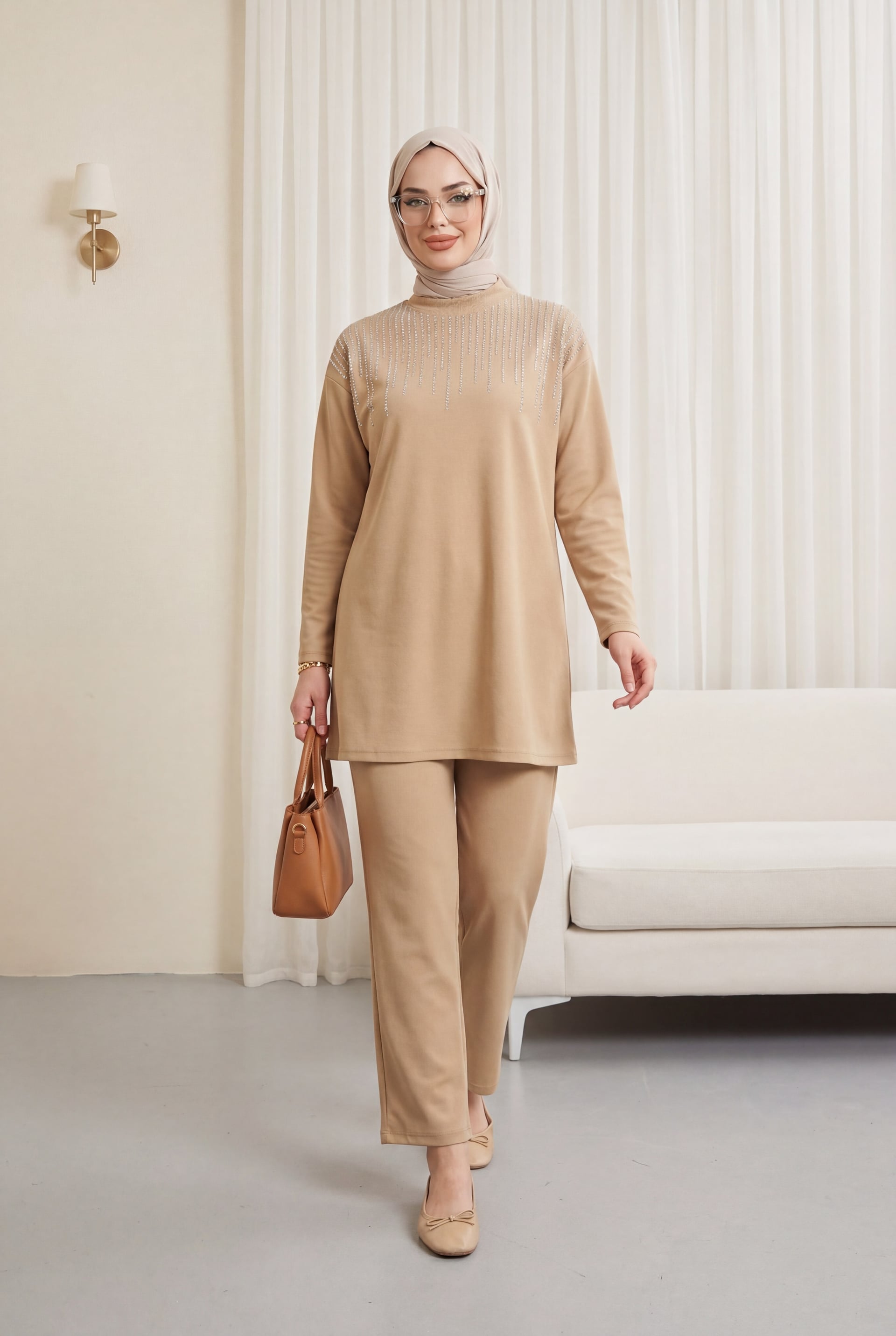High Neck Rhinestone Embellished Tunic and Trousers Set - Beige - Podyumplus - by Peralane