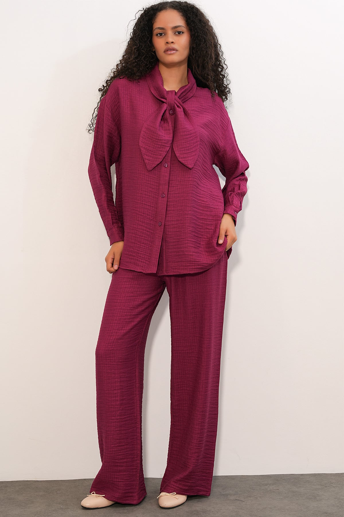 Women's Bow Detail Blouse and Trousers Two-Piece Set in Berry - 30093 - Bigdart - by Peralane - photo 3