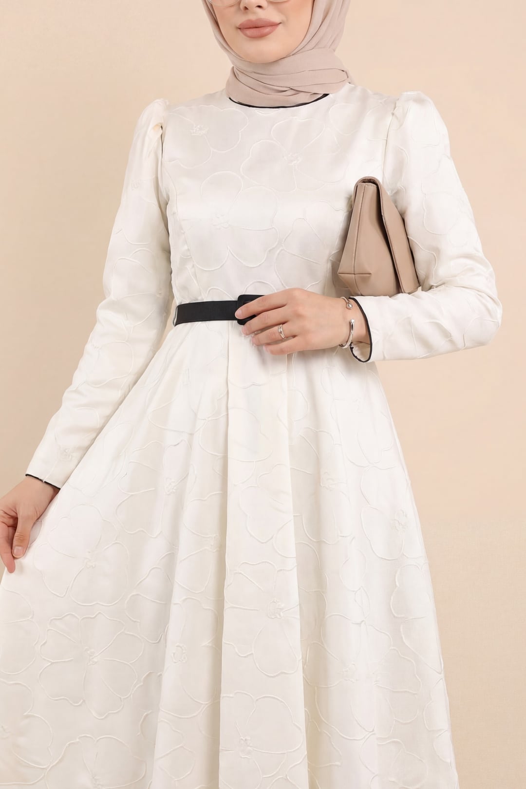 White Belted Balloon Skirt Cold Print Kaftan Evening Dress - Podyumplus - by Peralane - photo 3