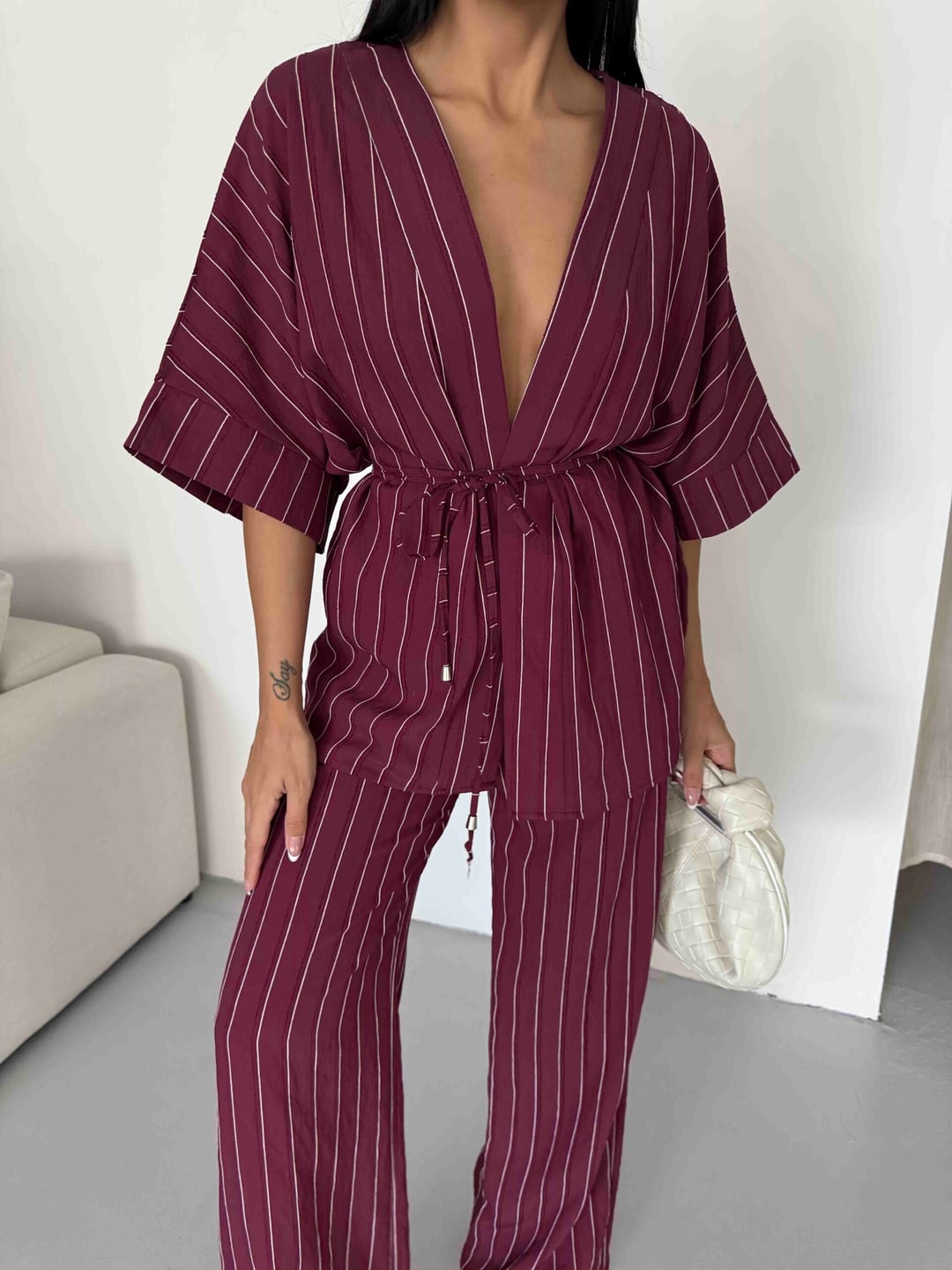 Striped Kimono Set with Wide-Leg Trousers - My Bee - by Peralane - photo 2