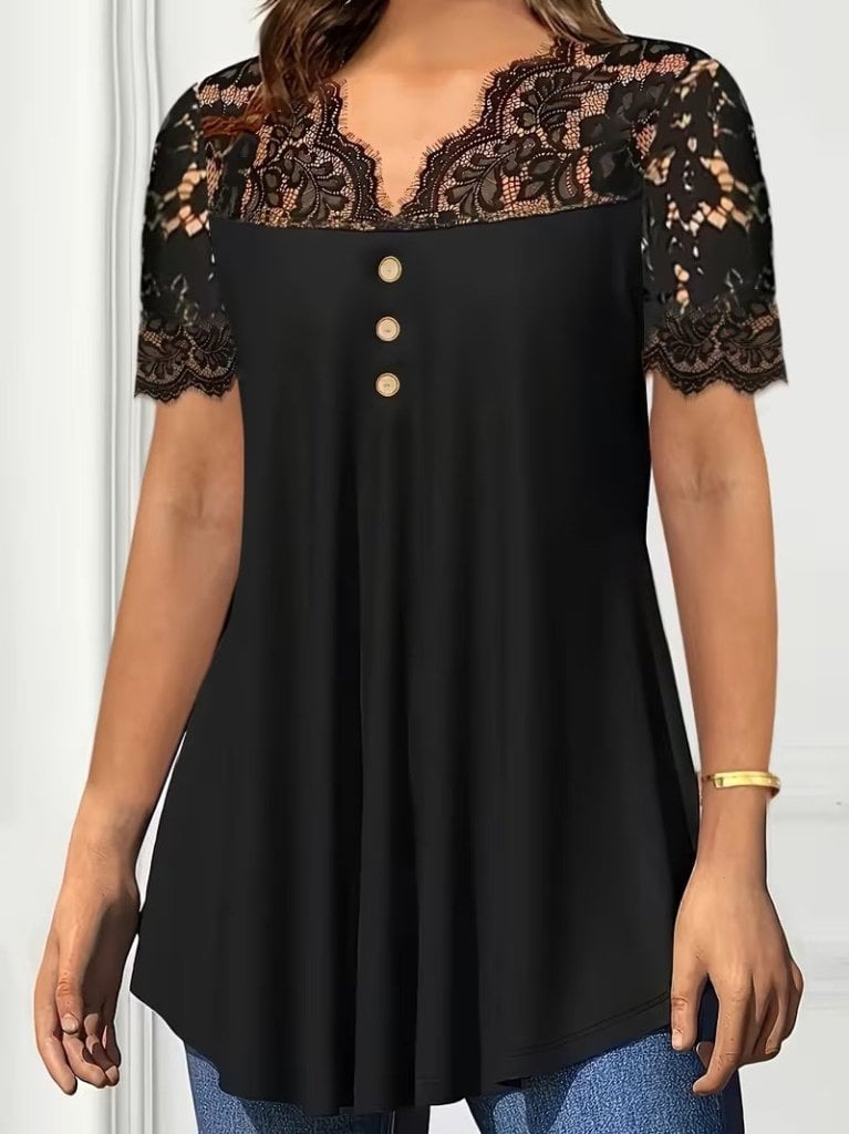 Women's Short Sleeve V-Neck Lace Trim Blouse - Black - Janes - by Peralane - photo 3