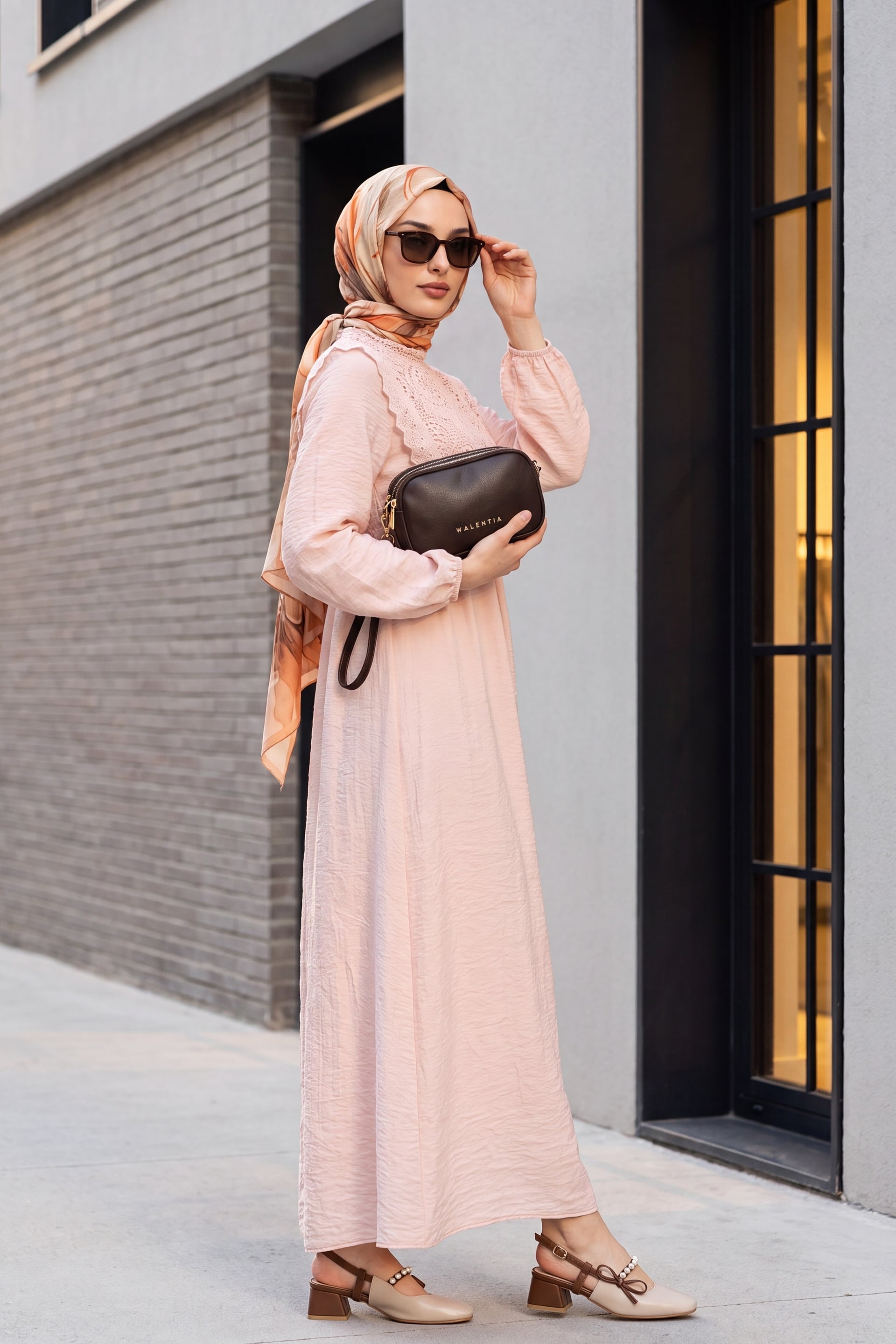 Removable Lace Vest Long-Sleeved Lined Crepe Dress - Powder - Podyumplus - by Peralane - photo 3