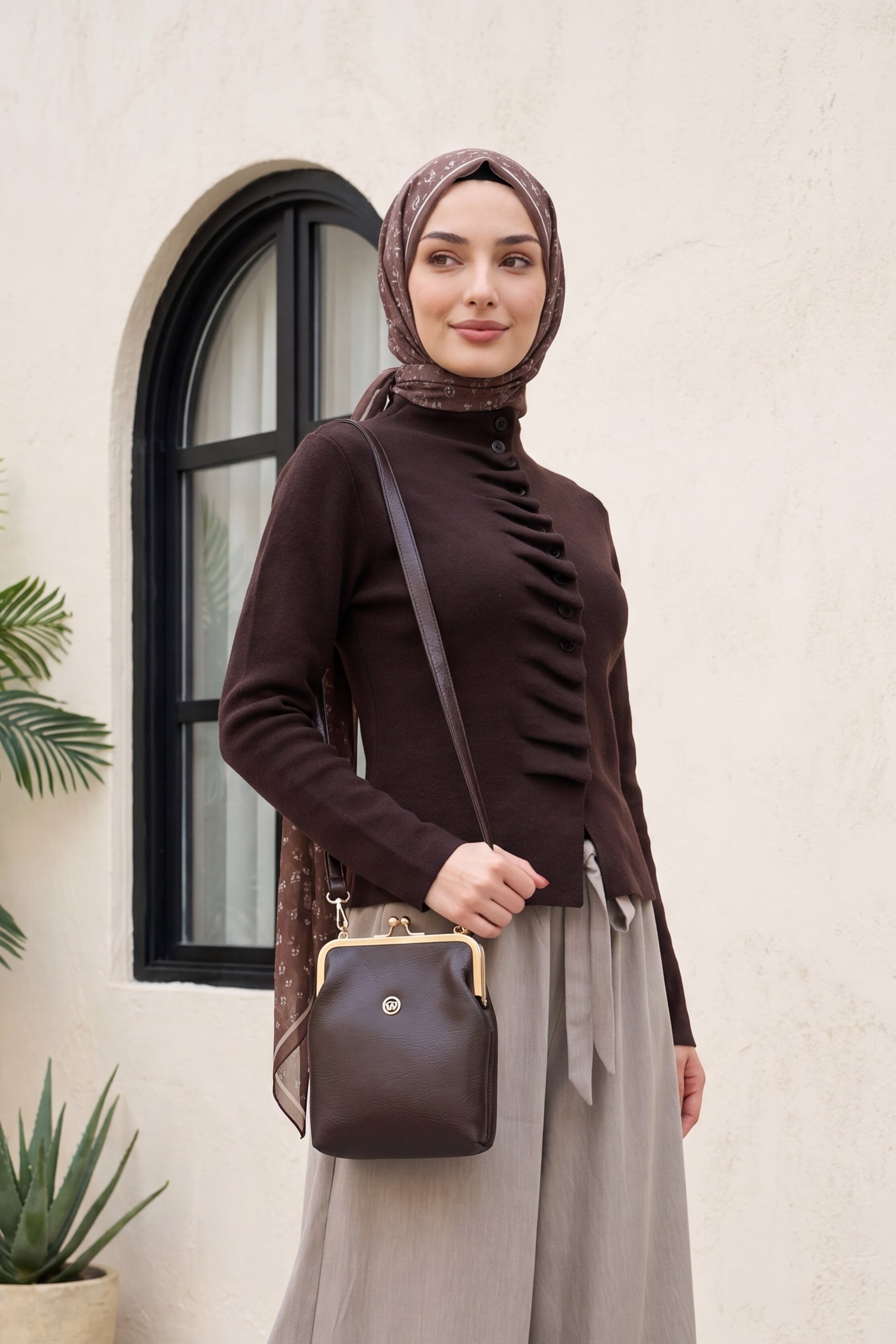 Front Ruffled Button High Neck Knit Cardigan - Dark Brown - Podyumplus - by Peralane