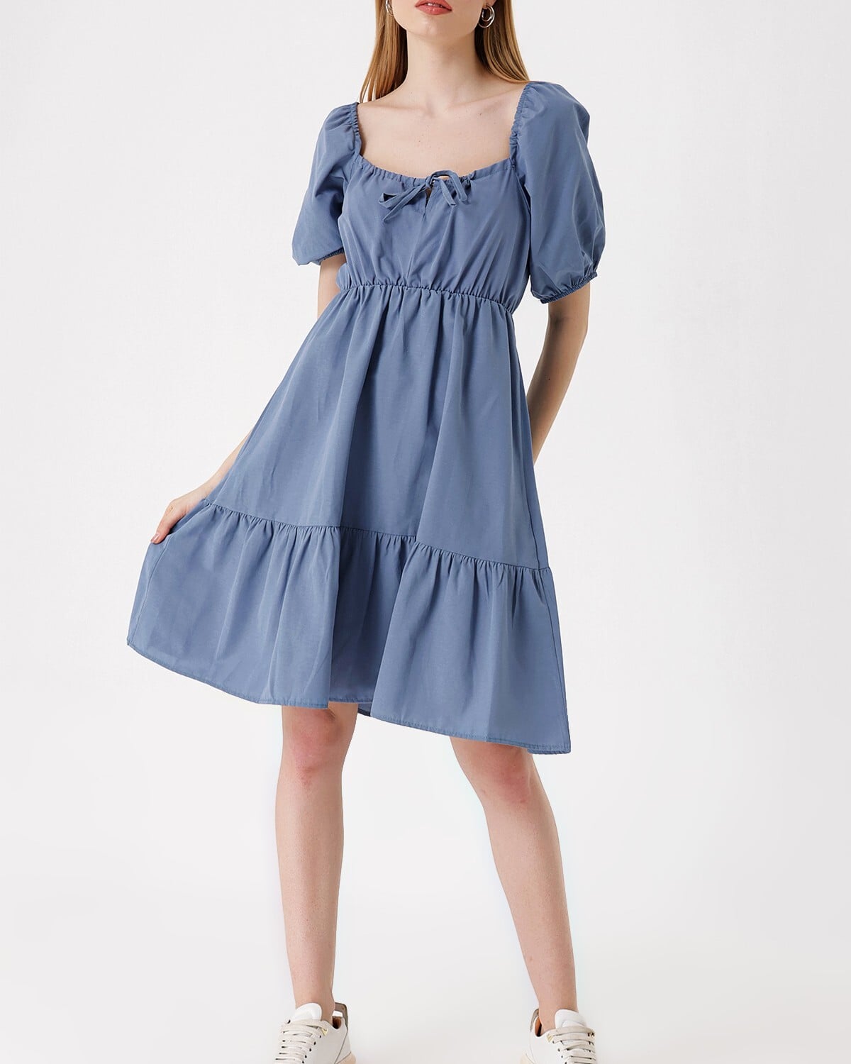 Indigo Flared Poplin Dress with Square Neckline and Puffed Sleeves - Wholeskop - by Peralane